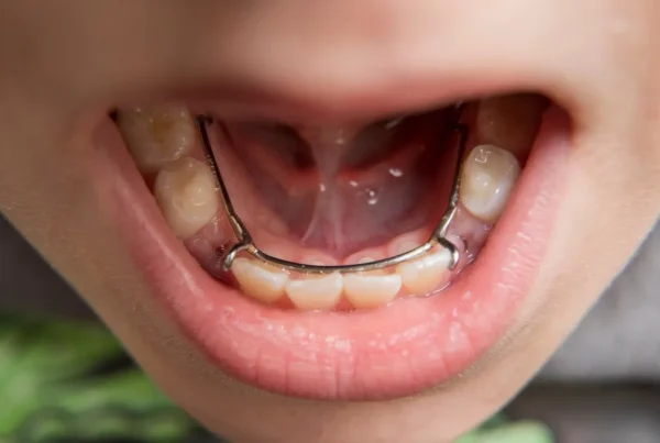 young boy showing off his lingual side dental space maintainer