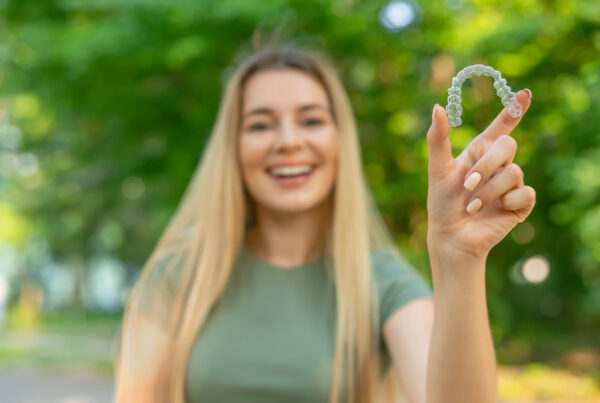 Happy girl in green t-shirt holding removable braces or aligners for straightening and whitening teeth on green background
