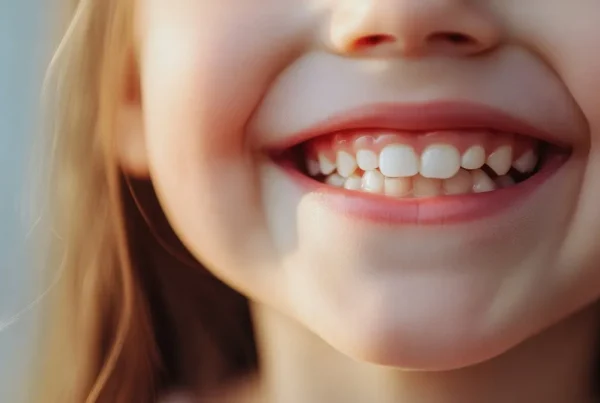 a child smiling wide close up of a mouth dental care concept with a text space