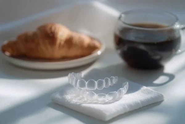 Morning routine with clear dental aligners and breakfast setting